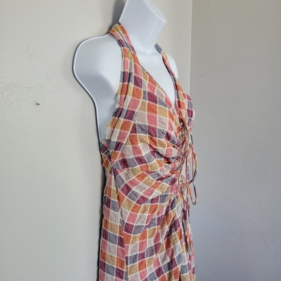Free People Rainbow Dreams Sz 4 Halter Top Maxi Dress High Low Colorful Plaid - Picture 5 of 11